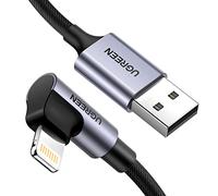 UGREEN - Cable Lightning USB Acodado de 90 Grados de Nailon Trenzado Compatible Con iPhone 13 Pro Max Mini 12 Pro 11 X XR XS 8 Plus 6S 6 iPad 2020 iPad Pro 2017 (Negro)