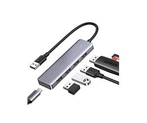 UGREEN Hub USB 3.0 - Divisor USB ultrafino de 4 puertos para extensión de laptop, extensor multipuerto con puerto de carga de 5 V, compatible con Surface Pro PS5/PS4/Xbox One, unidad flash, disco duro