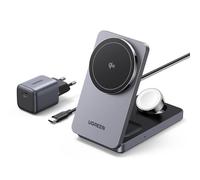 UGREEN MagFlow 3 en 1 Cargador Inalámbrico Qi2 15W Magsafe | Compatible con iPhone 17/16/15/14/13/12 Air Plus Pro Max AirPods 4/3/Pro 3/2/1 iWatch, Estación de Carga Rápida