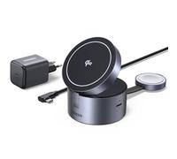 UGREEN MagFlow Cargador Inalámbrico 3 en 1 con Certificación Qi2 15W, Ajustable y Plegable a 70° para iPhone 16/15/14/13/Watch/AirPods con Cargador de 45W