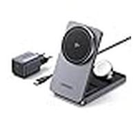 UGREEN MagFlow Cargador Inalámbrico Qi2 15W, Estación de Carga Magsafe 3 en 1, Compatible con iPhone 17 Pro MAX Air/16/15/14/13/12 Series, AirPods Pro 2/3, Apple Watch 9/8/7/6/5/4/3/2/Ultra/SE 2/1