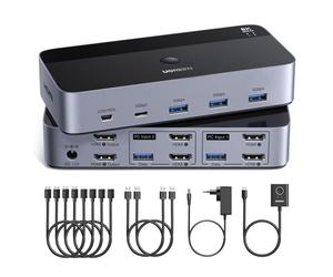 UGREEN Switch HDMI KVM 2 Entradas 2 Salidas 8K 60Hz con 2 Pantalla | Conmutador KVM 4 Puertos USB 3A1C 5Gbps para Teclado Ratón y Disco Duro Control de Escritorio y Cables HDMI 2.1 Incluidos