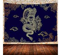 UHOMETAP Dragon Art - Tapiz de dragón dorado y nube con flores, bohemio para dormitorio y sala de estar, 203 x 152 cm