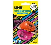 UHU Cinta correctora Neon Mini - Cinta correctora rápida, limpia y precisa, color blanco, paquete de 2, 6 m x 5 mm