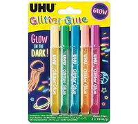 UHU Glitter Glue Glow in the Dark-Pegamento decorativo con purpurina brillante para crear miles de decoraciones- Pack 5x10 ml.