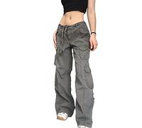 UICIOP Pantalones cargo góticos para mujer, cintura alta, pierna ancha, pantalones sueltos casuales, Gris, Large