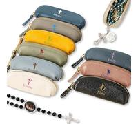 UIDMEN Bolso rosario de cuero genuino personalizado, bolso rosario con estampado de cruz y nombre, mini monedero, bolsa de almacenamiento de rosario portátil, regalos para cristianos, católicos