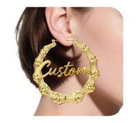 UIDMEN Pendientes de bambú personalizados para mujer, chapados en oro de 18 quilates, aretes de aro de bambú personalizados, aretes grandes con nombre, estilo de puerta del gueto de los años 80/90