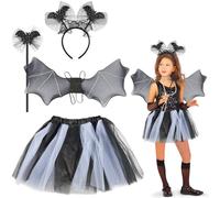 UieaMsio 4 Piezas Disfraz de Murciélago para Niños, Disfraz de Murciélago para Niña, Tutú, Alas, Diadema y Varita Mágica, Disfraz de Vampiro, Disfraz Halloween para Halloween Carnaval Cosplay (C)
