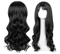 UieaMsio 70cm Pelucas Negras Largas Ondulada, Negro Peluca Ondulada Larga, Cabello Sintético Resistente al Calor de Aspecto Natural - Las Mejores Pelucas para Halloween/Fiesta
