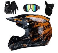 UIGJIOG Casco De Motocross Naranja Floral, para Hombre, con Gafas, Guantes De Máscara (4 Unidades), para Adulto, Moto, Deporte, Mujer, Hombre, Descenso, ATV, MTB, Quad, Bicicleta,Naranja,M(54~55cm)