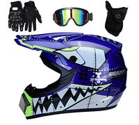 UIGJIOG Casco Motocross,4Pcs Juego De Casco De Moto + Gafas + Guantes De Motocicleta + Mascarilla, para Hombre Mujer, Adulto Motocross Casco,Azul,S(52~53cm)