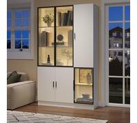 UIHECTA Vitrina Luz Led con Sensor Y Puertas Y Cajones Cristal Abatibles, LibreríA Moderna Almacenamiento Curiosidades para Dormitorio, Sala De Estar Y Oficina