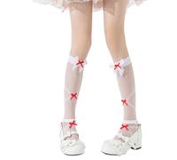 UIKGVX Calcetines japoneses para mujeres y niñas, con patrón de cruces, hasta la rodilla, puños elásticos, lazo, calcetines transparentes para cosplay diario, rojo sobre blanco, Altoa única