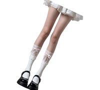 UIKGVX Calcetines largos transpirables a la moda para mujer, para estudiantes, con encaje, estilo ballet, lazo, hasta la rodilla, Banda de abanico de calcetines blancos, Altoa única