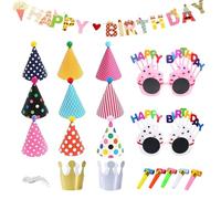 UILYNIU 19 Piezas Kit de Sombreros Fiesta Cumpleaños, Gorro Cumpleaños, Sombreros Cumpleaños, Pancarta de Feliz Cumpleaños, Soplado Fiesta, Sombrero Corona, Gafas de Fiesta para Fiesta