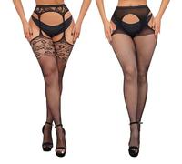 UILYNIU 2 Pares Medias para Liguero Sexy para Mujer Medias de Red Pantimedias Mallas de Encaje, Medias de Calcetines, Liguero Corsé Encaje Cintura Alta Tanga para Halloween Fiestas Cosplay Carnaval