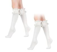 UILYNIU 2 Pares Medias Tupidas Hasta la Rodilla con Lazo Medias Blancas Mujer, Medias de Pantorrilla Mujer, Calcetines Hasta la Rodilla para Mujer, para Cosplay Fiesta Carnaval