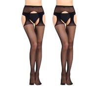 UILYNIU 2 Pares Mujeres Sexy Elástico Medias de Cintura Alta, Medias Altas de Muslo por Encima de la Rodilla, Media De Red Liguero Cintura Alta Tights, Media de Liga Para Mujer, Talla única (Negro)