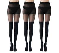 UILYNIU 3 pares de medias negras hasta el muslo, medias con tirantes falsos, medias cómodas para mujer con diseño de ajuste elástico, medias para mujer para todas las ocasiones (negro)