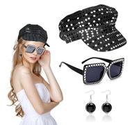 UILYNIU 3 piezas de sombrero de discoteca negro de los años 70 para adultos, sombrero de lentejuelas, accesorios Abba, aretes, lentes de sol cuadrados brillantes, retro, discoteca, disfraces, fiesta