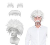 UILYNIU 3 Piezas Juego de Disfraces de Profesor Ciencias Peluca Blanca con Bigote Blanca Peluca de Científico Peluca Hombre Peluca de Disfraz Anciano Peluca de Abuelo para Fiesta Cosplay (Blanco)