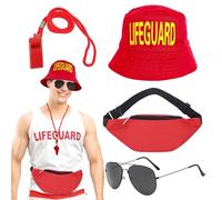 UILYNIU 4 Piezas Disfraz de Salvavidas Accesorios de Salvavidas Rojo Sombrero de Cubo Gafas de Sol Silbato Riñonera, Disfraz de Baywatch Deportista Carnaval Halloween para Adulto Hombre Mujer (Rojo)