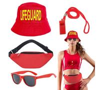 UILYNIU 4 Piezas Disfraz de Salvavidas, Accesorios de Salvavidas Rojo Sombrero de Cubo Gafas de Sol Silbato Riñonera, Disfraz de Baywatch Deportista Carnaval Halloween para Adulto Hombre Mujer (4PCS)