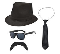UILYNIU 4 Piezas Disfraz Gánster, Accesorios para Hombre de los años 20 Sombrero de Panamá Corbata Gafas Bigote, Disfraz de Gatsby, Sombrero Gángster Vintage Hombre Carnaval Halloween Cosplay (Negro)