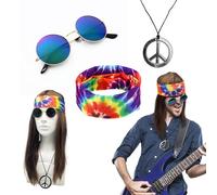 UILYNIU 4 Piezas Disfraz Hippie Hombre Mujer Peluca Hippie Gafas de Sol Collar Colgante Banda Cabello Disfraz de Años 70 80 Peluca Hombre para Fiesta Cosplay Carnaval Halloween (4 Piezas)