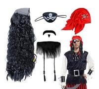 UILYNIU 4 Piezas Juego de Disfraz de Pirata Hombre - Peluca, Sombrero, Barba y Parche en Ojo - Accesorios para Cosplay, Carnaval, Halloween