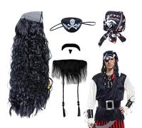 UILYNIU 4 Piezas Negro Disfraz de Pirata Hombre Peluca de Pirata Adulto Sombrero Barba Parche en Ojo Accesorios de Disfraz Hombre para Cosplay Carnaval Halloween (4 Piezas)