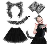 UILYNIU 5 Piezas Accessori Costume da Lupo Bambino Orecchie da Lupo Coda di Lupo Falda Tutú Guantes Grigio Lupo Costume Peloso Lupo Cosplay Costume Animale per Cosplay Halloween Festa (5 Piezas)