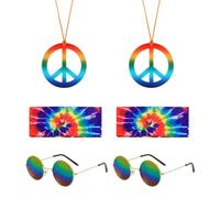 UILYNIU 6 piezas Disfraz Hippie Años 70 Juego de disfraz hippie incluye gafas de sol redondas y diadema hippie colorida Halloween Carnaval vestir hippie retro de los años 70 y 80.