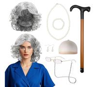 UILYNIU Conjunto de disfraz de anciana con peluca y gafas con cadena, collar de perlas, aretes, pulsera, bastón inflable, accesorios para Halloween, Día Mundial del Libro, mascarada, carnaval (gris)