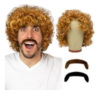 UILYNIU Hombres Peluca y Bigote, Hippie Disco Afro Peluca Rizada Carnaval Rizada Peluca Hombres, Despedida de Soltero, Rubia Rock Peluca para Hombres Disfraz de Halloween Fiesta Cosplay (Rubio)