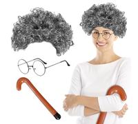 UILYNIU Peluca de Abuela Gris Rizada Con Bastón y Gafas, Peluca de Viejo Afro para Fiesta de Disfraz, Carnaval, Halloween, Navidad, Cosplay y Fiesta Temática