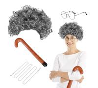 UILYNIU Peluca de Abuela Gris Rizada y Bastón Gafas Abuela Muje Peluca de Viejo Gris Afro para Fiesta de Disfraz Carnaval Halloween Navidad Cosplay Fiesta Temática