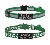 Uiopa 2 Piezas Collar Gato Personalizado + 2 Piezas Chapa Perro Grabada, Collar Gato Antiahogo con Cascabel y Hebilla Seguro de Liberación Rápida, Collar Perro Reflectante Ajustable (Verde Oscuro)