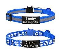 Uiopa 2 Piezas Collar Gato Personalizado + 2 Piezas Chapa Perro Grabada, Collar Gato Antiahogo con Cascabel y Hebilla Seguro de Liberación Rápida, Collar Perro Reflectante Ajustable (Azul Real)