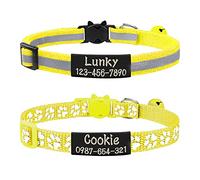 Uiopa 2 Piezas Collar Gato Personalizado + 2 Piezas Chapa Perro Grabada, Collar Gato Antiahogo con Cascabel y Hebilla Seguro de Liberación Rápida, Collar Perro Reflectante Ajustable (Amarillo)
