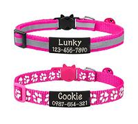Uiopa 2 Piezas Collar Gato Personalizado + 2 Piezas Chapa Perro Grabada, Collar Gato Antiahogo con Cascabel y Hebilla Seguro de Liberación Rápida, Collar Perro Reflectante Ajustable (Rosa roja)