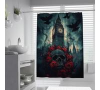UIRINGART Cortina Ducha Calavera Oscura Torre Big Ben Londres gótico W100xL200cm Rosas Rojas Cuervos Volando Cielo tormentoso antimoho Impermeable Pantallas bañera para Cuarto húmedo con Ganchos