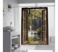 UIRINGART Cortina Ducha Marco Abierto W120xL200cm Hojas Verdes Bosque río Cascada poliéster Resistente Agua Secado rápido Lavable máquina con Ganchos