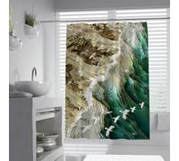 UIRINGART Cortina Ducha W120xL200cm Impermeable Resistente Moho Abstracto 3D línea Costa Verde Esmeralda Arena Beige gaviotas Capas poliéster Sala SPA con Ganchos