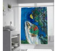 UIRINGART Cortinas de Ducha abstractas W200xL200cm Estilo Marc Chagall Pintura al óleo de La Novia Tela Floral Azul roja y Impermeable para decoración de baño con Ganchos
