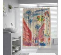 UIRINGART Cortinas de Ducha Modernas W200xL240cm Estilo Marc Chagall Pintura Abstracta al óleo Pintura al óleo de Tela roja Azul Decoración de baño para Home Hotel Cortina Impermeable Lavable
