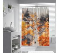 UIRINGART Cortinas de Ducha orientales W180xL200cm Edificio de Otoño Pueblo Paisaje Retro de la Ciudad Decoración artística Decoración artística Lavable Secado rápido Cortina de Ducha con Ganchos