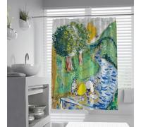 UIRINGART Cortinas de Ducha para paisajes W180xL200cm River Mountain Estilo Marc Chagall Arte Verde Amarillo Azul Pintura al óleo Tela Decoración del baño Accesorios Lavables Impermeables