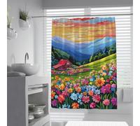 UIRINGART Cortinas de Ducha rústicas de Granja W200xL240cm Coloridas montañas Pradera de Flores Silvestres cabaña roja Cielo Paisaje en el Cielo bañera Lavable bañera Cortina hogar y Hotel.